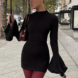 Black Friday Tineit Fashion Pull Sleeve Black Mini Dress Female High Waist Elegant Long Sleeve Dresses Club Party Bodycon Women's Clothing