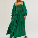 Tineit Bohemian Floral Dress Women Square Neck Ruffle Swing A Line Maxi Dress Long Sleeve Beach Style Holiday Lady Club Party Dress