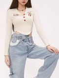 Tineit Y2k Cherry Embroidered T-shirt Women Sexy V Neck Long Sleeve Crop Top Female Spring Korean Fashion Harajuku Sweet Cute Slim Tees