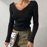 Tineit Korean Fashion Casual Basic Black White Tees Autumn Rib Knitted Long Sleeve T-shirt Fairycore Lace Trim V Neck Crop Tops Clothes