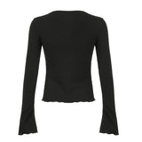 Tineit Solid Pleated Long Sleeve T-Shirts Flare Sleeves Spring Autumn Women Slim Casual Ladies Crew Neck Basic Pullover Tops