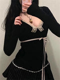 Tineit Y2K Tops Women Spring V Neck Long Sleeve Black T Shirt Ribbon Lace-up Bow Lace Trim Slim Tees Skinny Causal Basics Camisetas