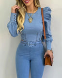 Tineit Denim Blue Women blouse Round Neck Puff Sleeve Corset Top Long Sleeve Shirt Sexy Tops Blouses Denim Top Shirt Sweetheart Slim