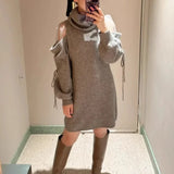 Tineit Lace-up Knitted Vestidos Long Sleeve Vestido New Turtleneck Dresses Japan Style Loose Dress 2025 Spring Autumn Ropa Mujer