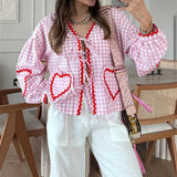 Tineit Vintage Y2K Loose Fit Tees Y2K Holiday 00s Kawaii Heart Patched Frill T-shirt Plaid Print Bow Tie-Up Long Sleeve Blouse Shirts