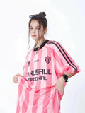 Tineit Pink Basketball Women T Shirt Sporty Short Sleeve Tees Blokecore Hip Hop O-neck Striped Print Oversized Streetwear Kpop