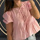 Tineit Women's Elegant Kawaii Summer Peplum Blouse Tops Short Puff Sleeve Round Neck Bow Tie-Up Front Babydoll Flare Shirts