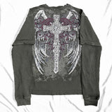 Tineit Cyber Grunge Y2K 00s Vintage Baggy Tops E-girl Coss Wings Print T-shirt Skull Graphic Long Sleeve Tees Autumn Gothic Clothes