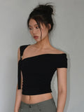 Tineit Sexy Skew Collar T Shirts for Women Asymmetric Short Sleeve Design Crop Tops Summer Streetwear Fashion Clothes Aesthetic