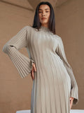 Black Friday Tineit Fall Winter New Knitted Dress Female Casual Big Striped High Collar Sweater Long Dress Elegant Flare Sleeve Party Dresses