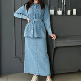 Tineit Two Piece Skirt Sets Women High Waist Long Denim Skirts Button Full Sleeve Splice Jeans Coats Pocket Lace Up Loose Fit