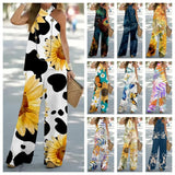 Tineit Summer Two Pieces Sets Female Casual Sexy Sleeveless Print Halter Neck Tops Wide Leg Pants Suits Office Lady Women 2024