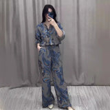 Tineit Two Piece Sets Print Shirt Wide Leg Pants Women Muslim Suits Arab Musulman Ensembles Moroccan Kaftan Ramadan Outfits Summer