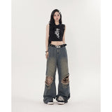 Tineit 2024 Spring High Waist Vintage Y2K Harajuku Loose Jeans Pants Women's Wide Leg Pockets Baggy Ripped Light Blue Denim Trouser