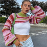 Tineit Y2K Vintage Striped Loose Long Sleeves Pullover Crop Tops Chic Women Knitted Shrug Sweater 00s Retro Smock T-shirt Streetwear