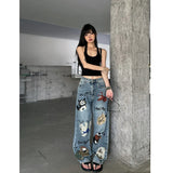 Tineit Blue Women Jeans High Waist Fashion American Graffiti Y2K Streetwear Chic NEW Wide Leg Jean Female Trouser Baggy Denim Pants