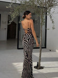 Tineit Chiffon Zebra Print Beach Dress Women Sexy See Through Sim Long Party Dresses Summer Spaghetti Strap Backless Holiday Dress 2024