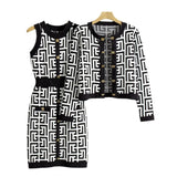 Tineit Two Piece Sets Women Knitting Dress Suit Print Sweater Coat Round Collar Buttons Dresses Outifits 2024 Autumn Knit Ensemble