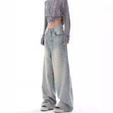 Tineit Full Length Women Jeans Vintage Distressed Wide Leg Pants Denim Wash Loose Fit 2024 Summer Pockets Solid Spliced High Waist