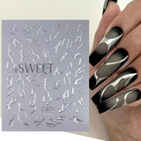 Tineit Metallic Silver Line Nail Manicure Stickers Metal Chrome Stripe Vine Flame Adhesive Decals Tape Swirl French Sliders Decor Foils