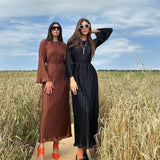 Tineit-Folds Long Dress Women Dresses Solid Lace Up Tight Waist Flare Sleeve Round Collar A Line Elegant Autumn Office Lady Vestidos