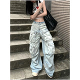 Tineit Women Blue Jeans Hip Hop Streetwear High Waist American Wide Leg Pants Fashion Y2K Style Female Winter Straight Trousers