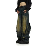 Tineit American New Heavy Industry Old Washed Jeans Deconstruction Splicing Women Y2K Harajuku Vintage Straight Wide-leg Pants Women