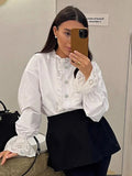 Black Friday Tineit Retro Diamond Ruffled Shirt For Women Stand Color White Top Casual Fashion Flare Long Sleeve Single Breasted Lady Blouses