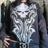 Tineit Japanese Edgy 00s Retro Gothic Emo T-shirt Cyber Y2K Grunge Mall Goth Top Patchwork Full Sleeve Baggy Pullovers Tees