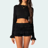 Tineit 2 Piece Set Knitted Long Sleeve Crop Sweater Tops + Ruffles Shorts Vintage Outfits Women Autumn Matching Suit Y2K Streetwear