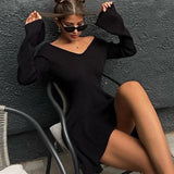 Tineit Autumn Winter Sweater Dress Sexy Off-Shoulder Women's A-Line Hem Elegant Rib Knit Mini Dresses Long Sleeve Higt Waisted