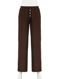 Tineit Brown Knit Casual Elastic Waist Pant for Women Retro Solid Buttons Straight Trouser Harajuku Chic All Match Y2k Clothes