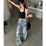 Tineit Blue Women Jeans High Waist Fashion American Graffiti Y2K Streetwear Chic NEW Wide Leg Jean Female Trouser Baggy Denim Pants