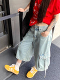 Tineit Y2k White Calf-Length Cargo Pants Women Baggy High Wasit Denim Shorts Safari Style Summer Korean Wide Leg Jeans Female