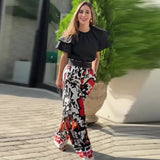 Tineit Two Pieces Pant Sets Print Pullover Tops Wide Leg Pants Loose Casual Women Matching Sets Ruffles 2024 Pockets Ankle Length