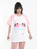 Tineit Kawaii Cat Print T-shirts for Women Funny Kitty Graphic Pink Tee Shirt Summer Japanese Style Oversize Streetwear Clothes