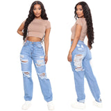 Tineit Women Jeans Ripped Hole Vintage Wide Leg Jean High Waist Ankle Length Denim Pants Solid Distressed Pockets Loose Fit Casual