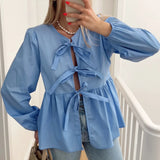 Tineit Women's Kawaii Elegant Flare Shirt Puff Long Sleeve Front Bow Knot Tie-up Loose Blouse Fall Tops for Casual Daily