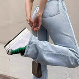 Tineit Wash Jeans Denim Women Straight Pants Pockets High Waist Ankle Length Loose Distressed Solid Casual Basics Vintage 2024