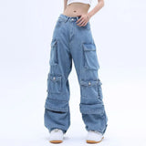 Tineit Y2K New Multi-Pocket Heavy Industry High-Quality Best-Selling Jeans Women Street Hip-Hop Straight High Waist Wide-Leg Pants 2023