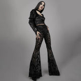 Tineit Women's Elegant Design Trousers 2024 Skinny Sheer Cross Totem Flocked Mesh Flared Pants