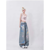 Tineit Blue Jeans Women Graffiti High Waist American Wide Leg Pants Y2K Style Fashion Streetwear Female Pants Winter Straight Trousers