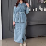 Tineit Two Piece Skirt Sets Women High Waist Long Denim Skirts Button Full Sleeve Splice Jeans Coats Pocket Lace Up Loose Fit