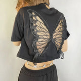 Tineit- Harajuku Lace Butterfly Crop Tshirts Women Vintage Streetwear Sexy Black Mesh Tops Aesthetic Hollow Grunge Tees Summer