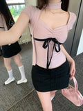 Tineit Pink T Shirt Women Summer Short Sleeve Skinny Y2k Tops Korean Fashion Spicy Girls Slim Tees Coquette Aesthetic Bodycon Camisetas