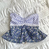 Tineit Plaid Floral Print Milkmaid Tops 00s Retro Coquette Camis Fairycore Y2K Lace Trim Backless Tie Up Crop Tops Chic Cute Mini Vest