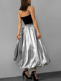 TARUXY Glossy High Waist Skirt For Women Balloon Skirt Autumn Fashion New Solid Long Skirt Female Loose Elastic Waist Streetwear