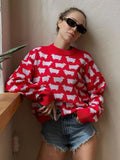 Tineit O-Neck Alpaca Printed Sweater For Women Loose Casual Sweater Pullover Fashion Long Sleeve Retro Knitted Autumn Winter Top