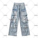 Tineit European And American Trends Street Hip-hop Multi-pocket Heavy Washing Jeans Female Y2K Retro Tooling Straight Casual Overalls