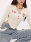 Tineit Y2k Cherry Embroidered T-shirt Women Sexy V Neck Long Sleeve Crop Top Female Spring Korean Fashion Harajuku Sweet Cute Slim Tees